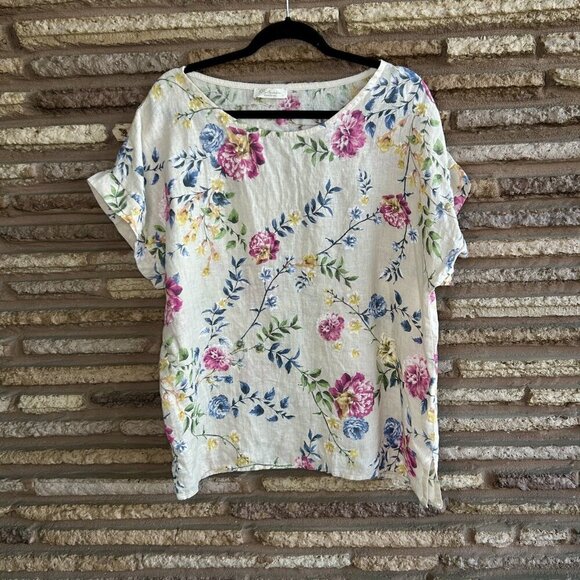 Bellambra Colorful Floral 100% Linen Short Sleeve Tunic Top Size Large - Picture 3 of 8